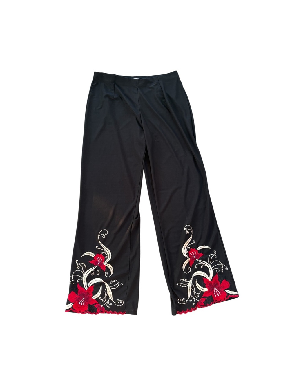 Vintage Embroidered Floral Wide Leg Pants Black Red Boho Culottes S/M